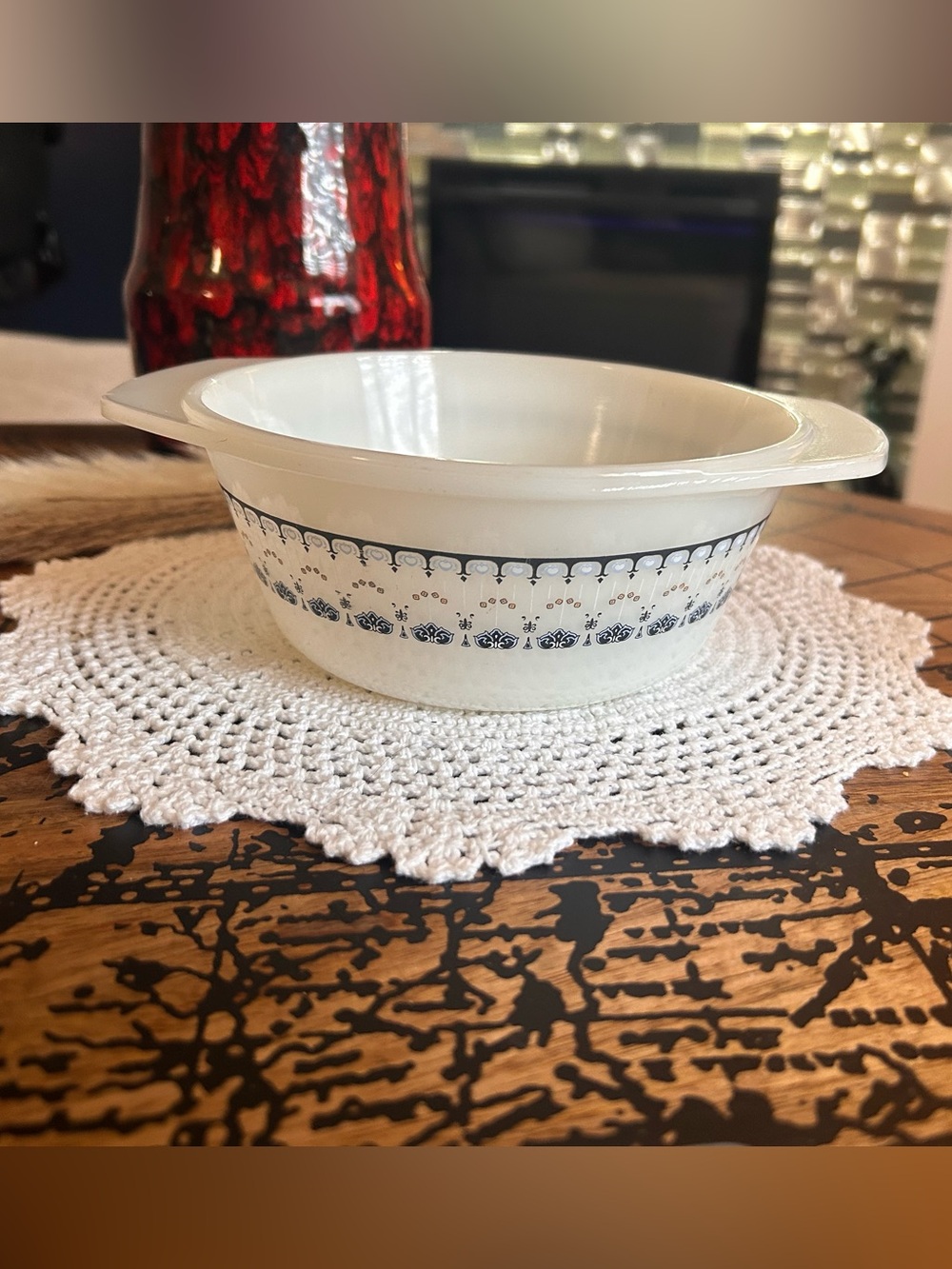 Vintage Indopal Milk Glass Casserole Dish | 18cm Blue Border Baking Dish
